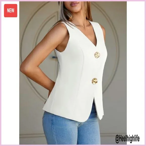 Women's V-Neck Sleeveless Waistcoat Blazer Vest Business Casual Fitted
